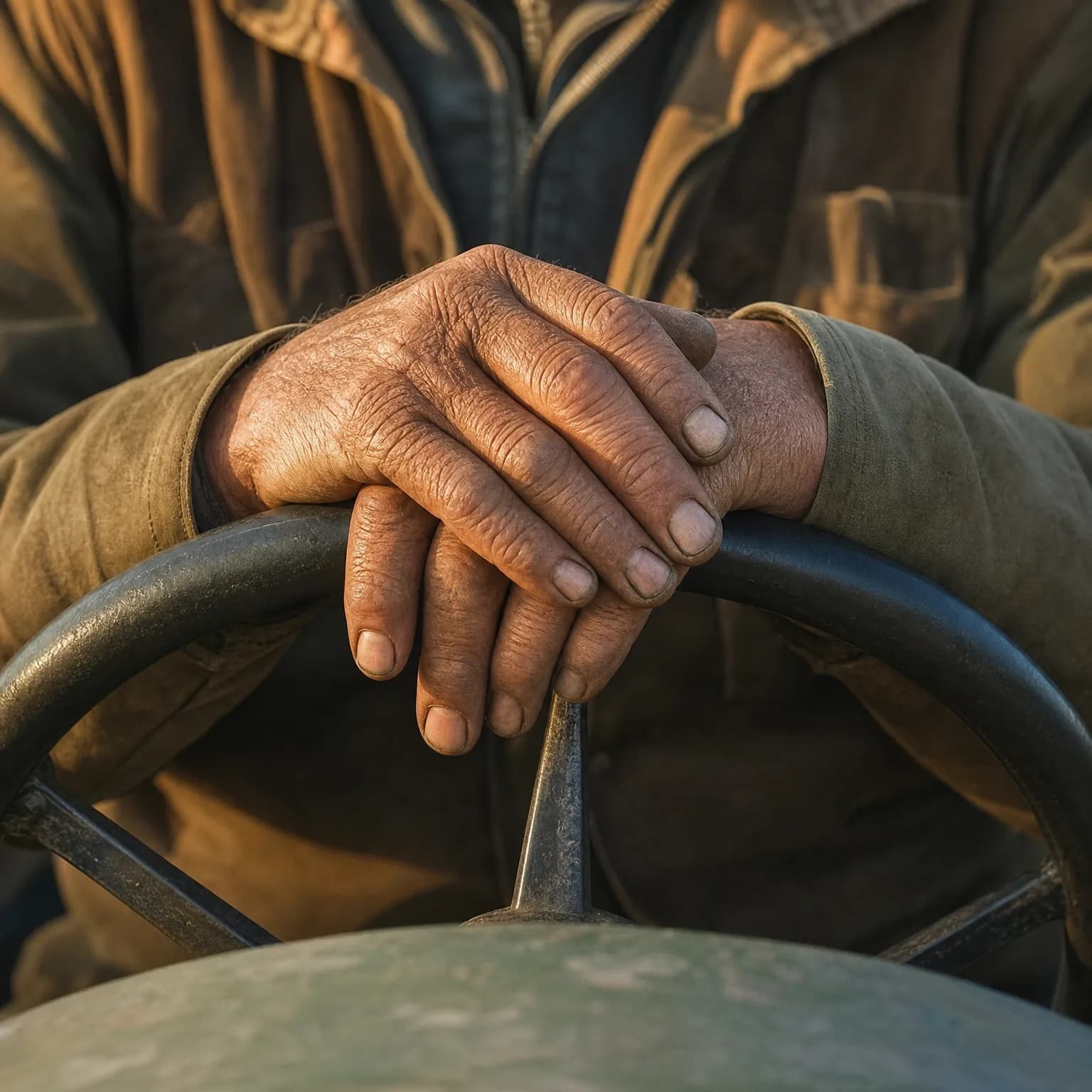 Close-up of a person's weathered hands crossed over the rim of a large dark steering wheel, wearing a worn olive-brown jacket.
