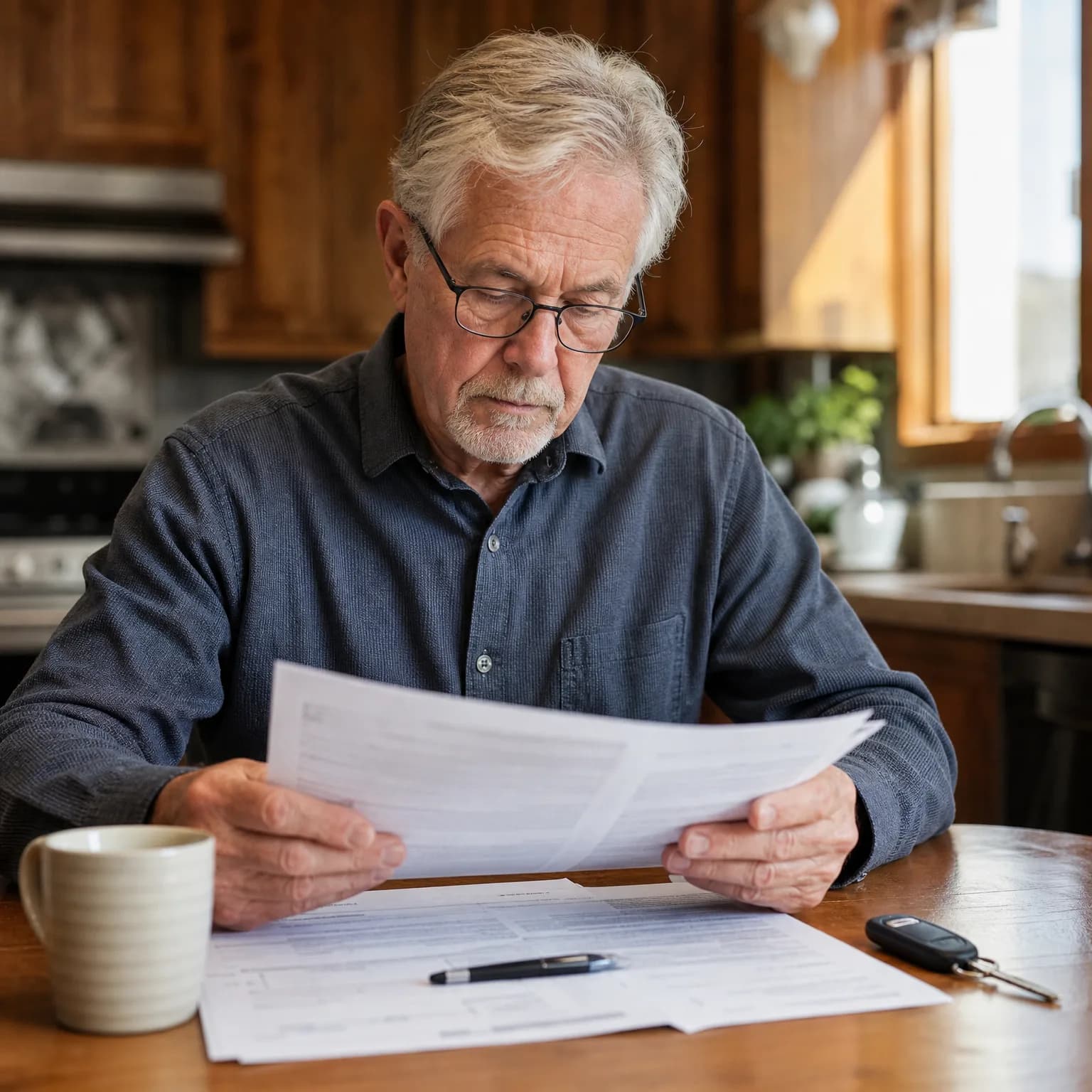 An older man with glasses and a gray button-up shirt sits at a wooden kitchen table reading printed documents, with a mug, pen, more papers, and a car key fob on the table.