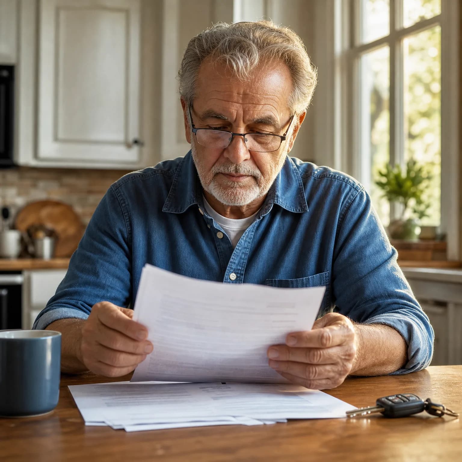 An older man with glasses and a blue denim shirt sits at a wooden kitchen table reading printed documents, with a blue mug, more papers, and a car key fob on the table.