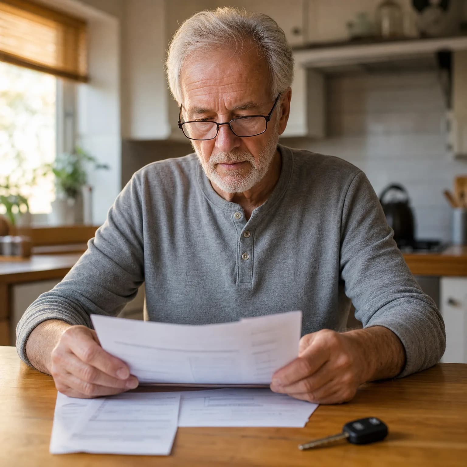 An older man with glasses and a gray henley shirt sits at a wooden kitchen table reading printed documents, with more papers and a car key fob on the table.