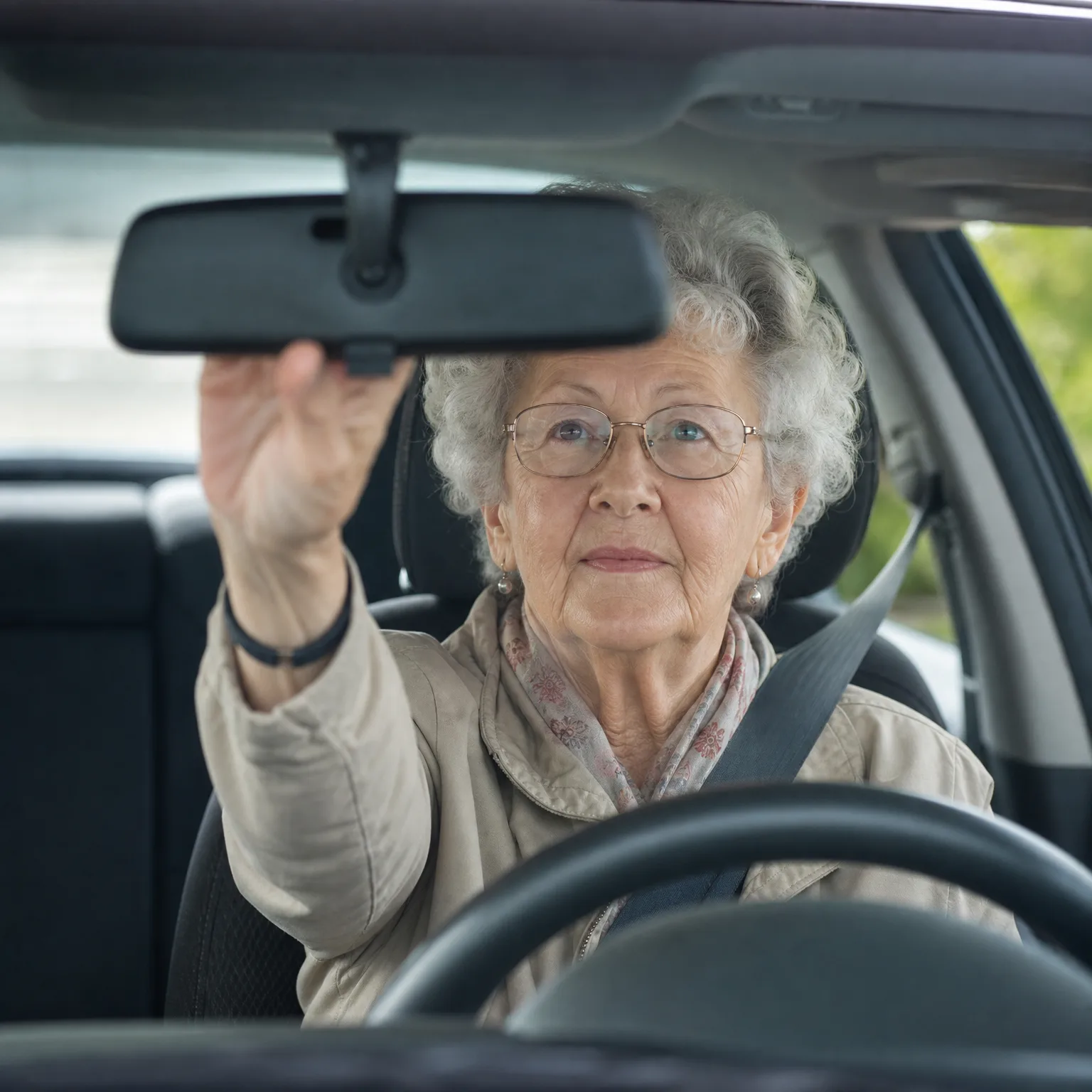 An older woman with grey curly hair and glasses sits in a car's driver seat wearing a seatbelt, reaching up with her right hand to adjust the rear-view mirror.
