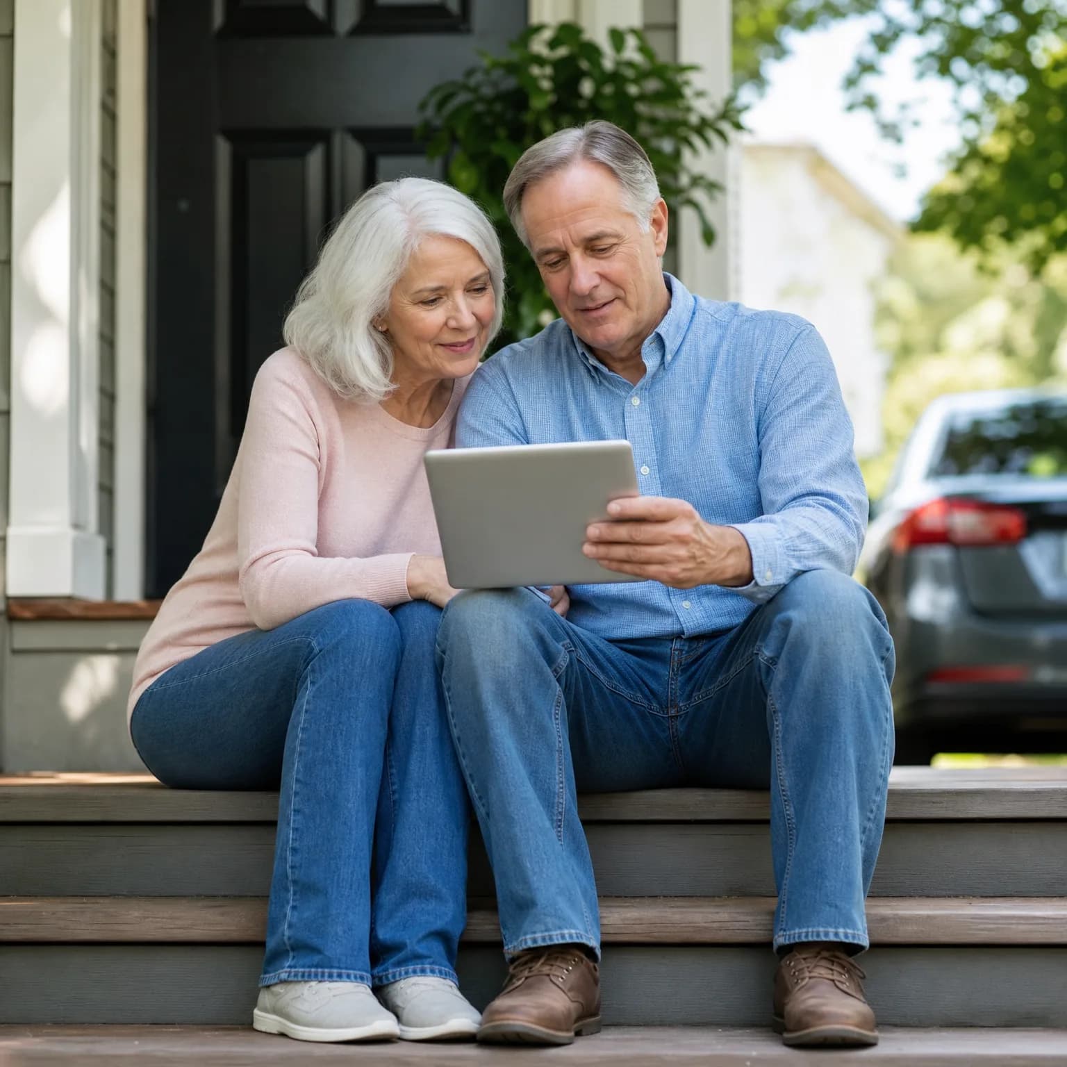 An older woman in a pink sweater and an older man in a blue shirt sit together on wooden porch steps, both looking at a tablet he holds, with a dark car parked nearby.