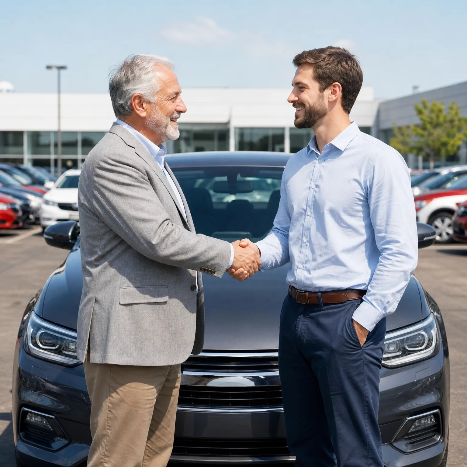 Two men shake hands in front of a dark gray car in an outdoor lot with rows of parked vehicles and a glass-fronted building behind them.