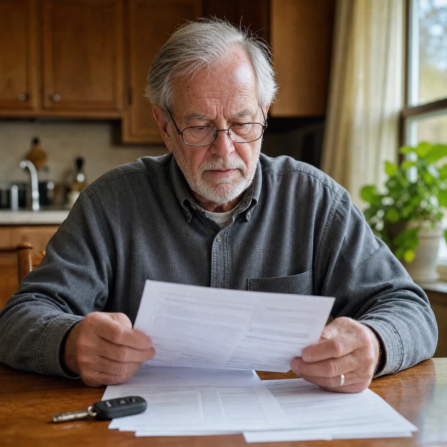 An older man with glasses and a gray shirt sits at a wooden kitchen table reading printed documents, with more papers and a car key fob on the table.