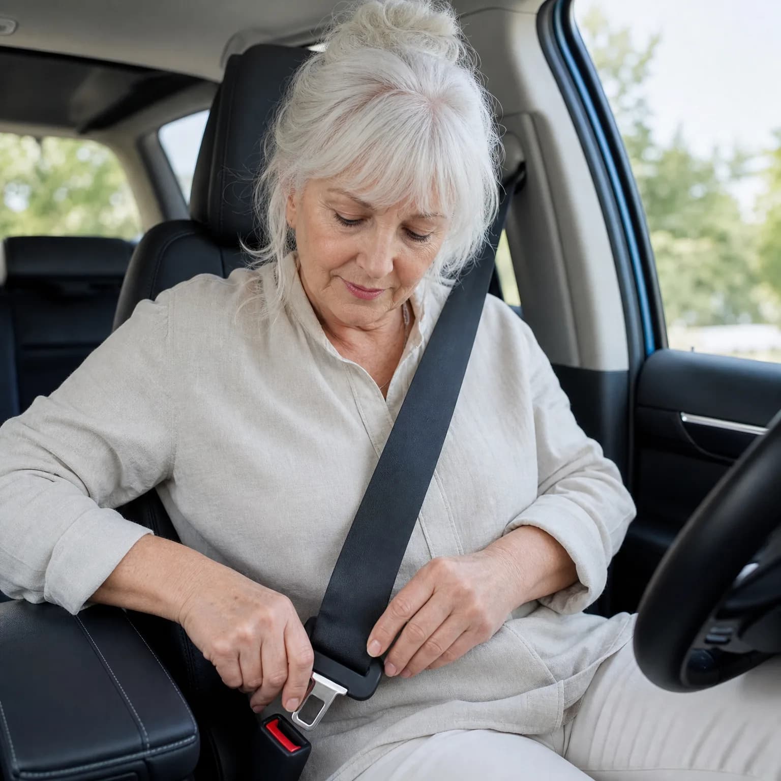 An older woman with white hair in a light linen shirt sits in a car's driver seat and fastens her seat belt, with green trees visible through the windows.