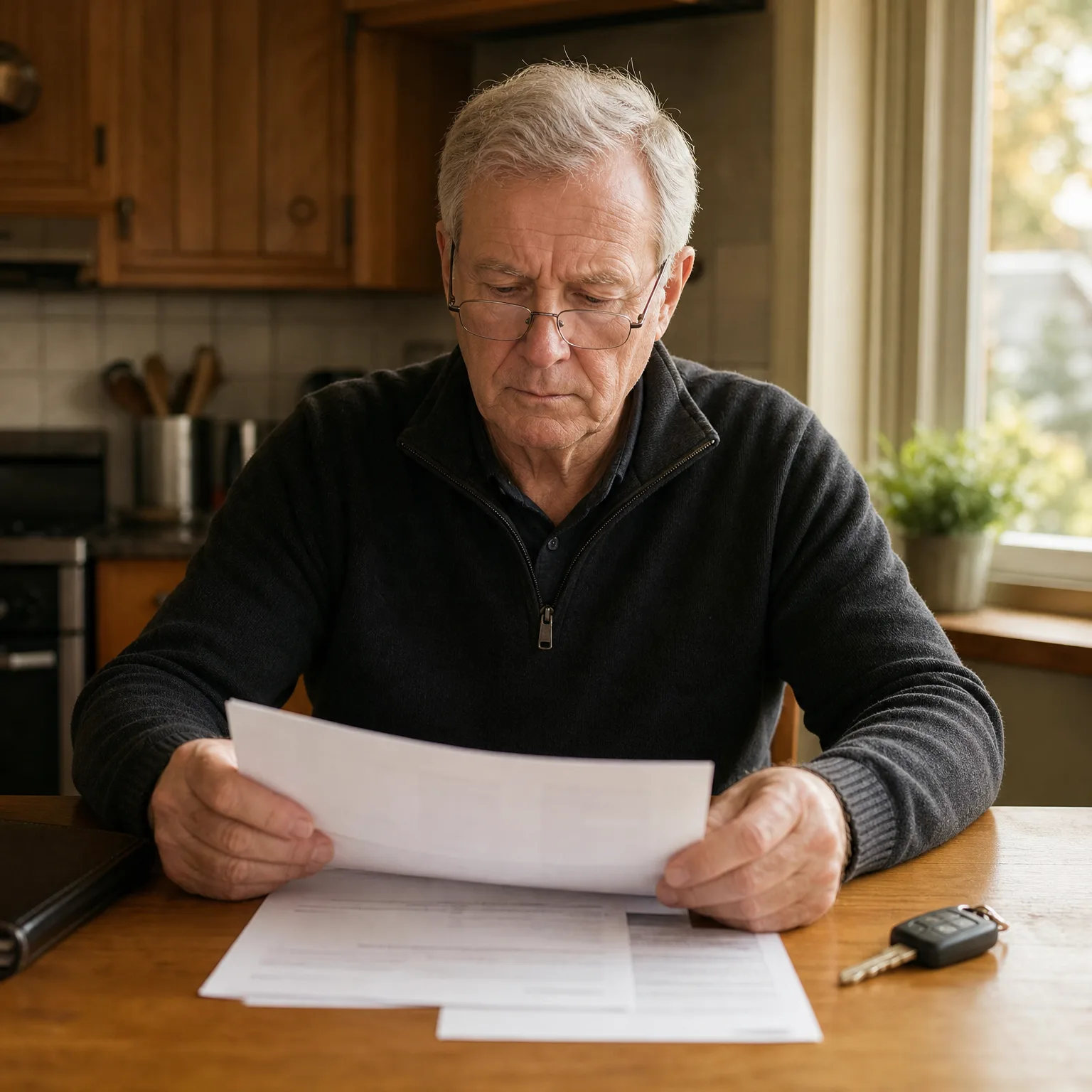 An older man with glasses and a dark zip-neck sweater sits at a wooden kitchen table reading a sheet of paper, with more documents and a car key fob on the table.