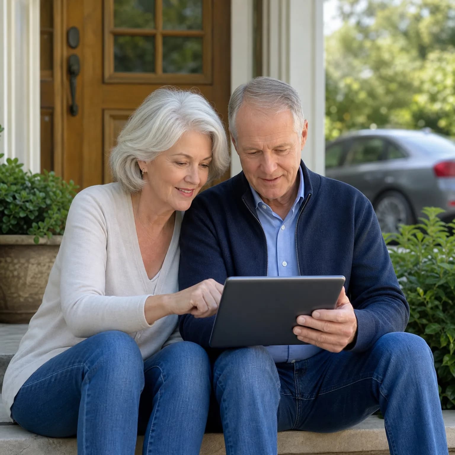 An older woman and man sit on stone front steps of a house with a wooden door, looking at a tablet the man holds, with shrubs and a parked car behind them.