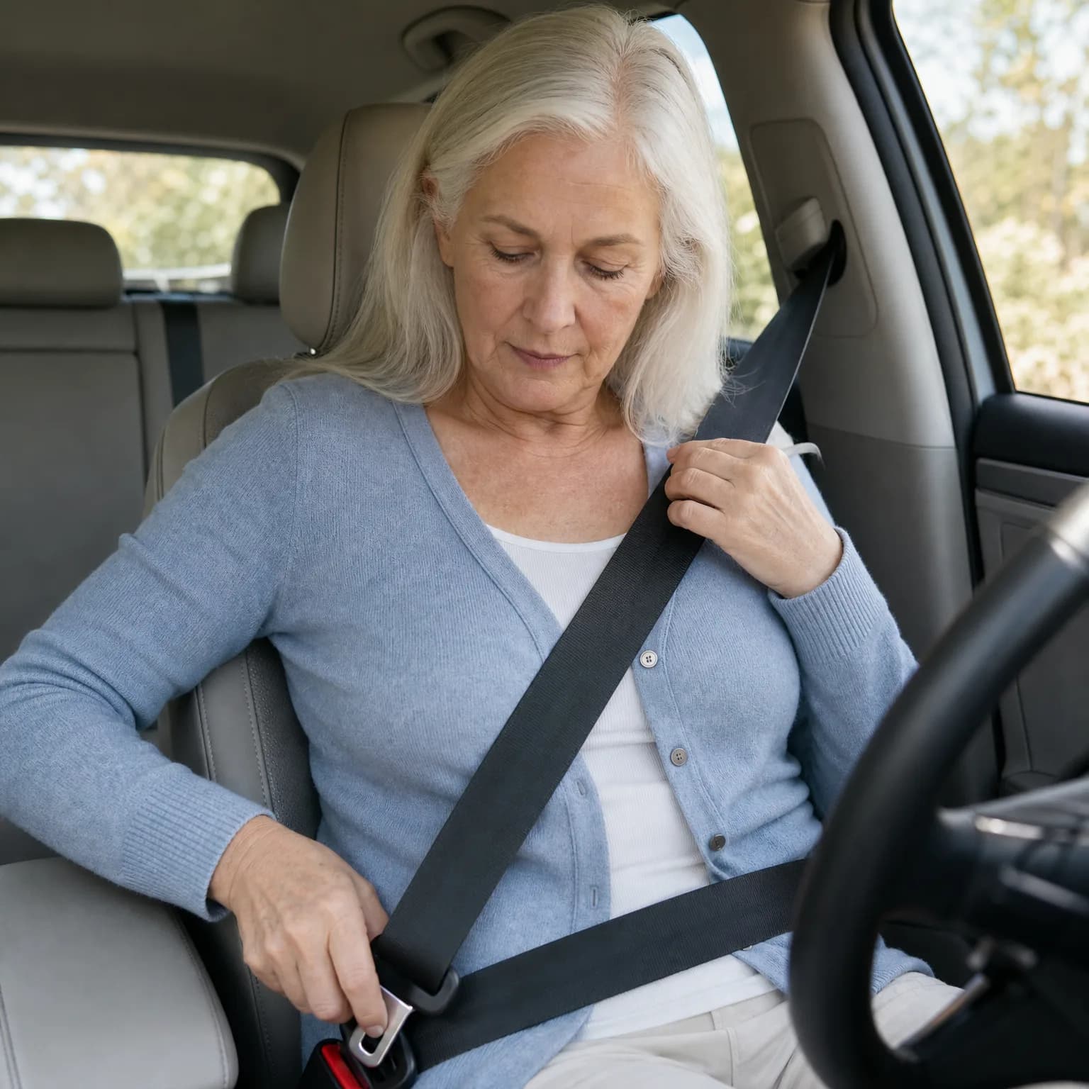 An older woman with white hair in a light blue cardigan sits in a car's driver seat, pulling the seat belt across her chest with one hand and holding the buckle with the other.