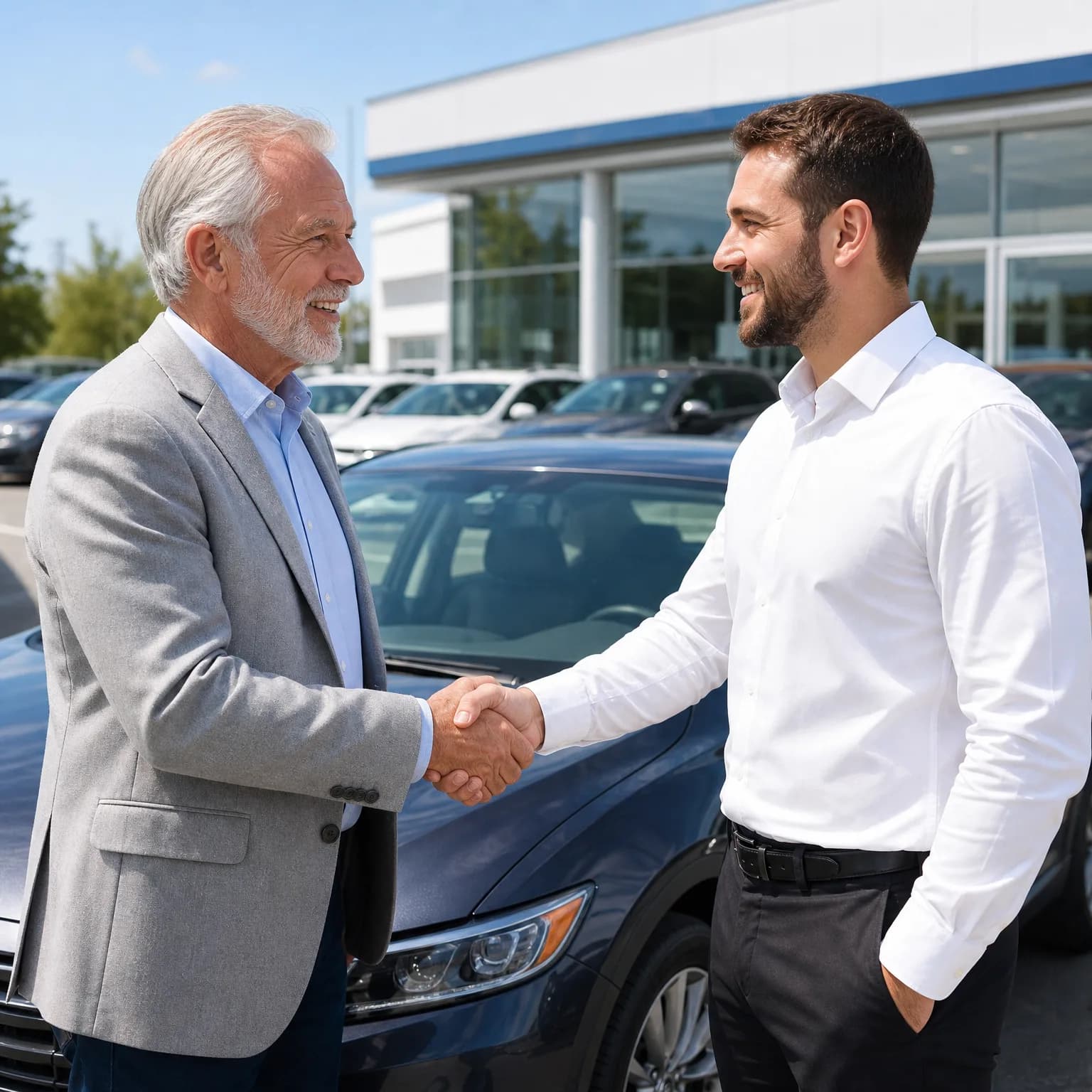 Two men shake hands in front of a dark blue sedan in a lot of parked cars outside a glass-fronted building.