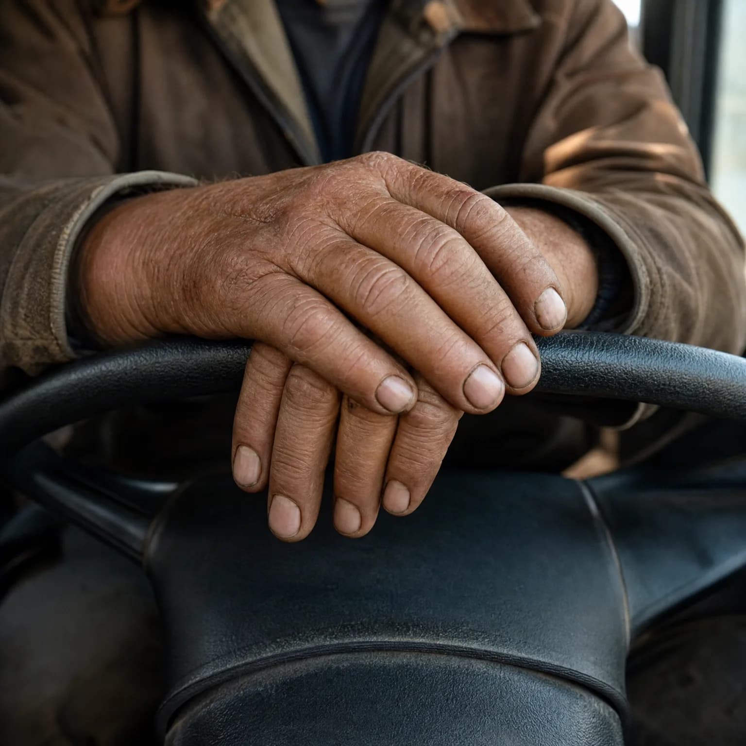 Close-up of a person's weathered hands crossed over the rim of a black steering wheel, wearing a worn brown jacket.