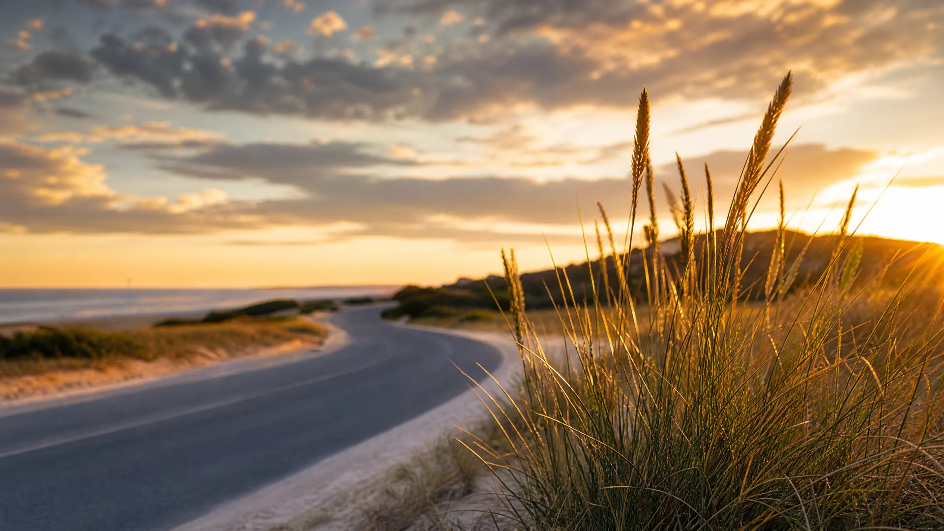 A curving two-lane asphalt road beside coastal dunes at sunset, with backlit tall grasses in sharp focus in the foreground and the sea and a low hill blurred behind.