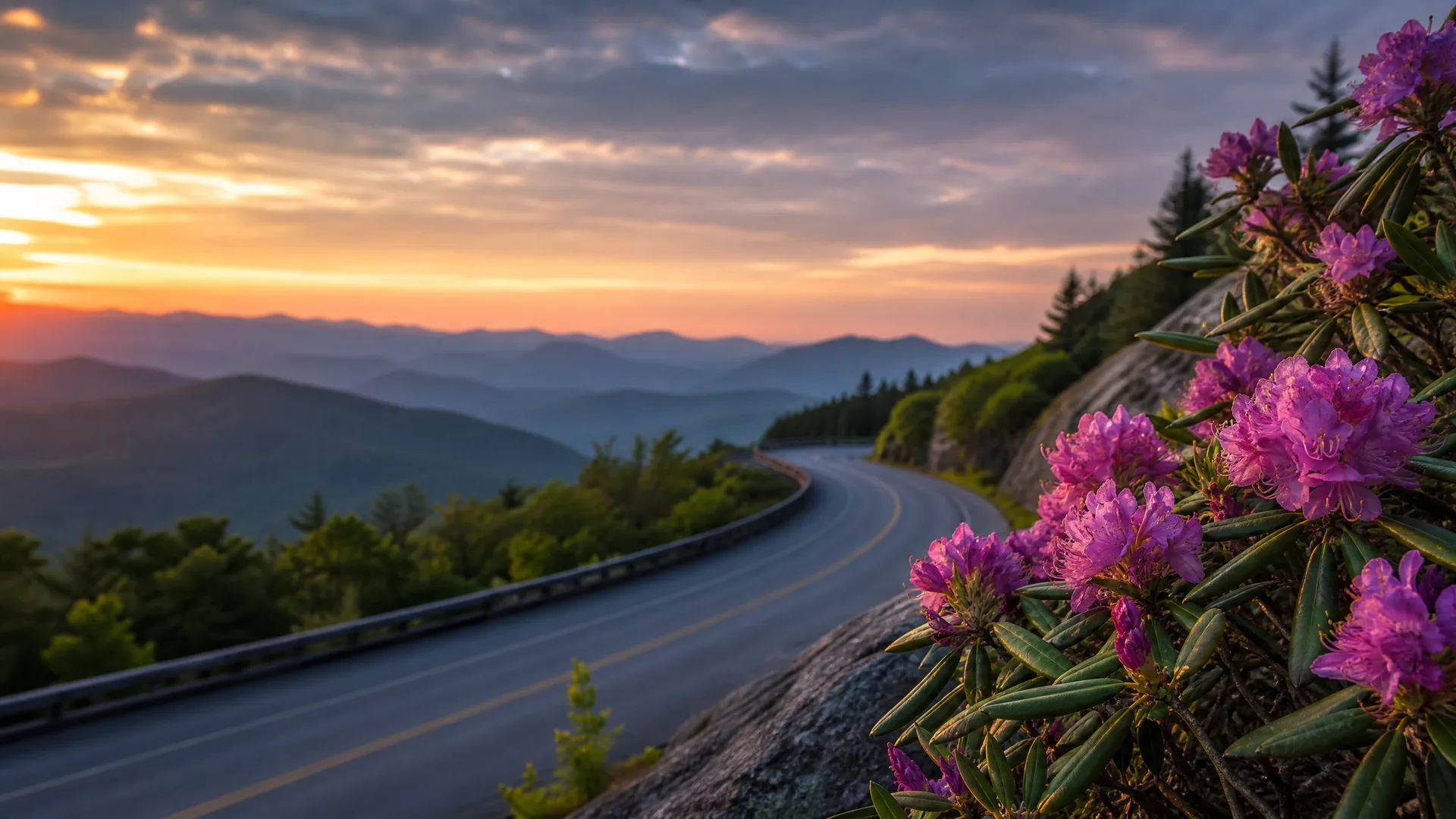 A curving two-lane road with a guardrail runs along a forested ridge at sunset, with layered blue mountains on the horizon and pink rhododendron flowers blooming on a rock outcrop in the foreground.