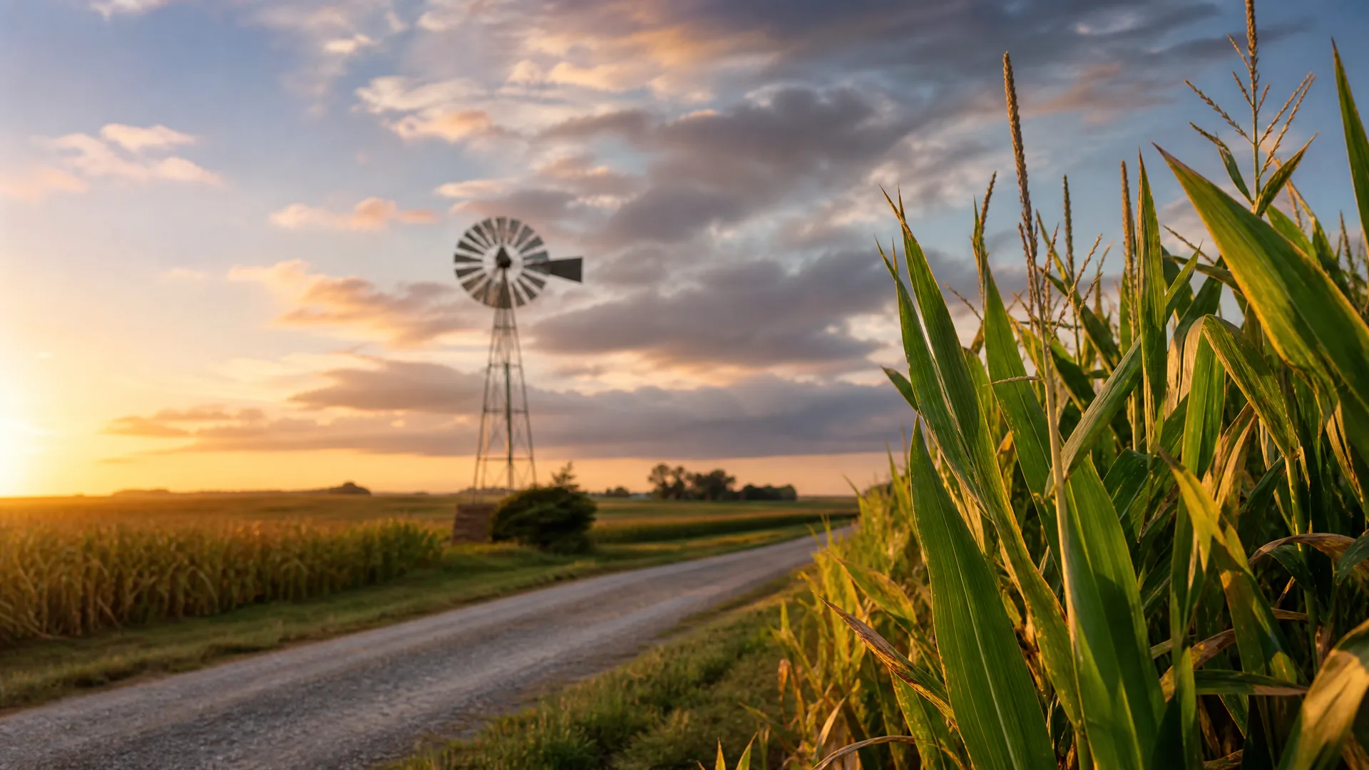 A gravel road runs between corn fields at sunset, with a metal multi-blade windmill silhouetted against a cloudy sky.