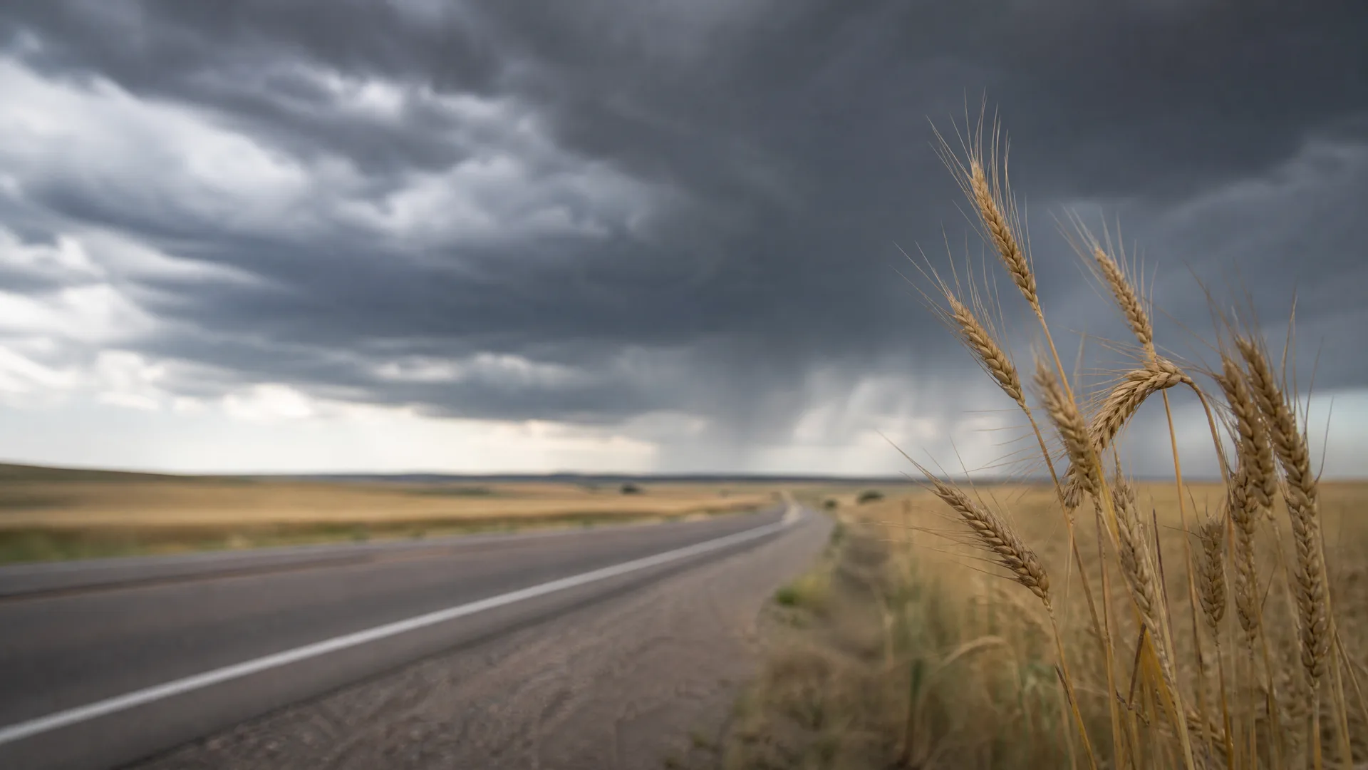 A two-lane road with a white edge line curves through flat grassland under dark storm clouds with visible rain streaks, with wheat heads in sharp focus in the right foreground.