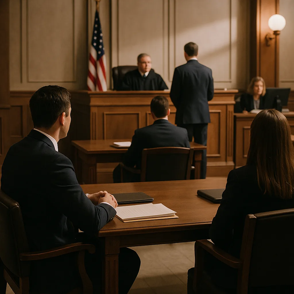 Courtroom scene with judge at bench, attorneys at tables, and American flag during legal proceedings